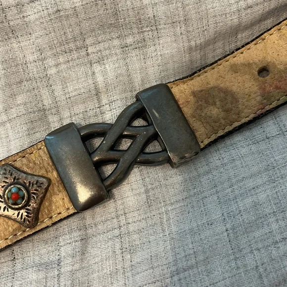 Streets Ahead Santa Monica tan leather belt with silver, turquoise, and …